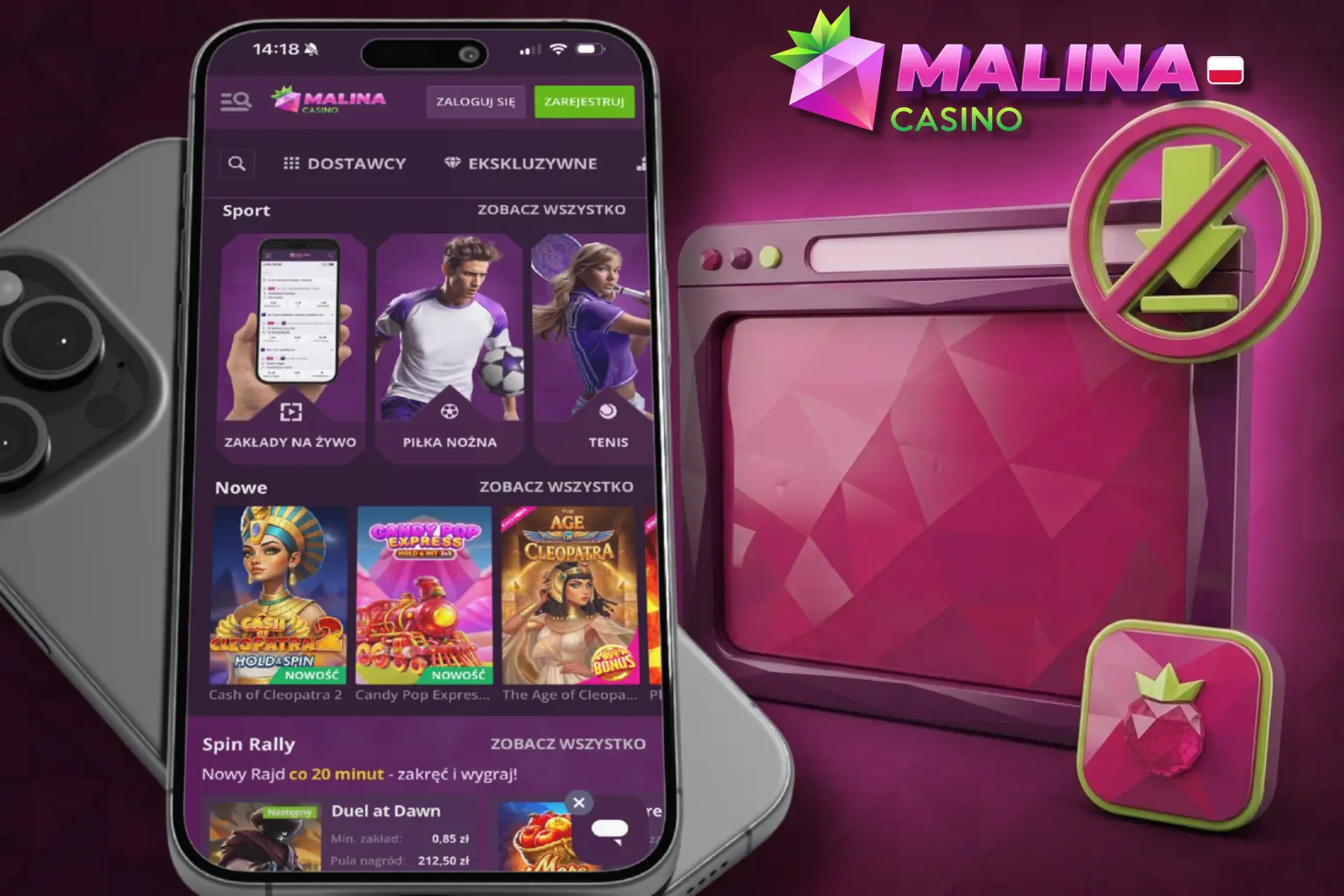 Malina Casino Mobile obsługuje gry, konto i płatności.