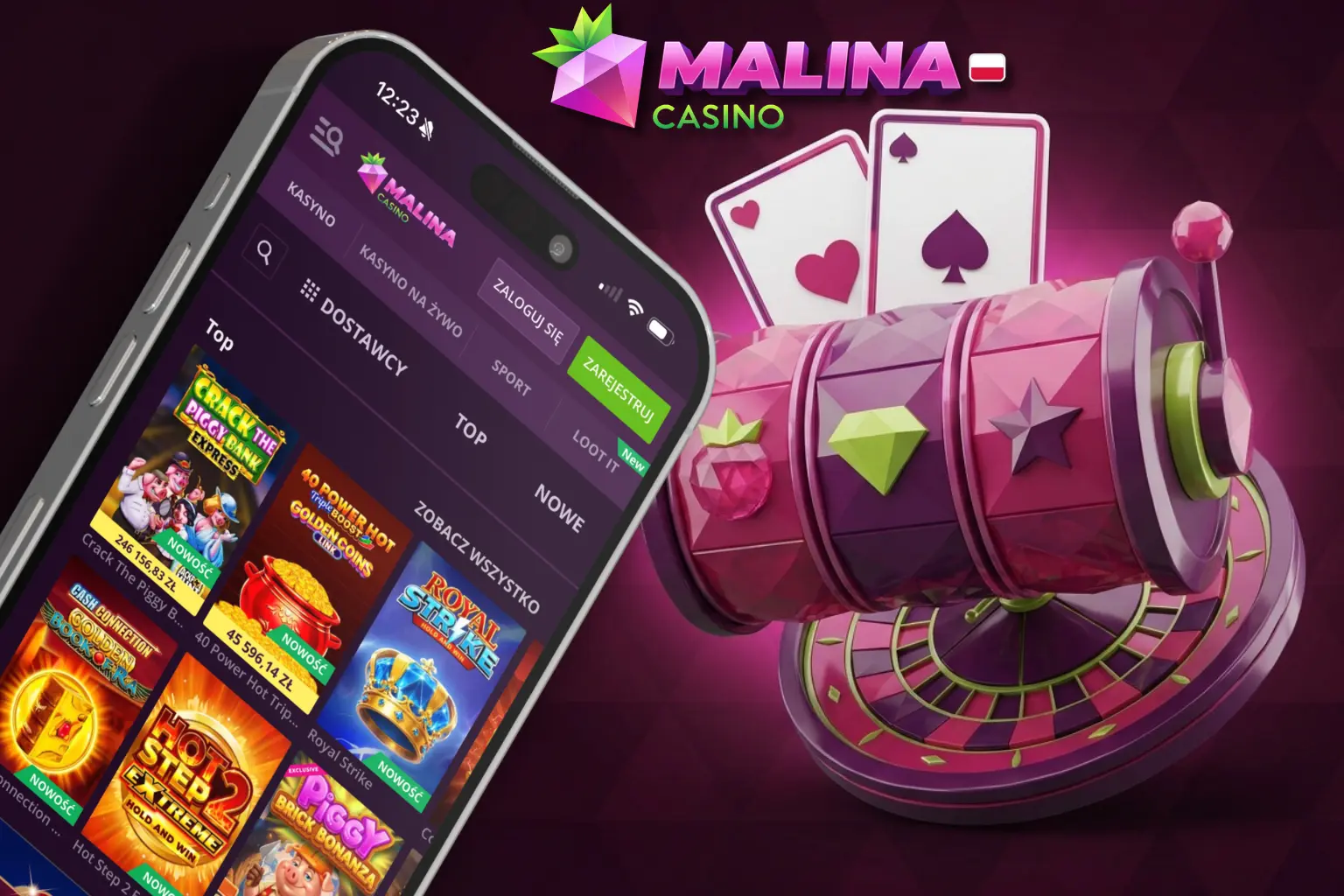 Malina Casino oferuje sloty, ruletkę i gry stołowe.